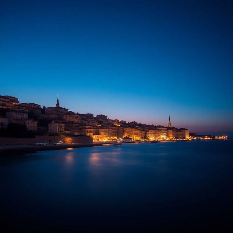 Coasta orașului Constanța la apus, în nuanțe de albastru profund și coral