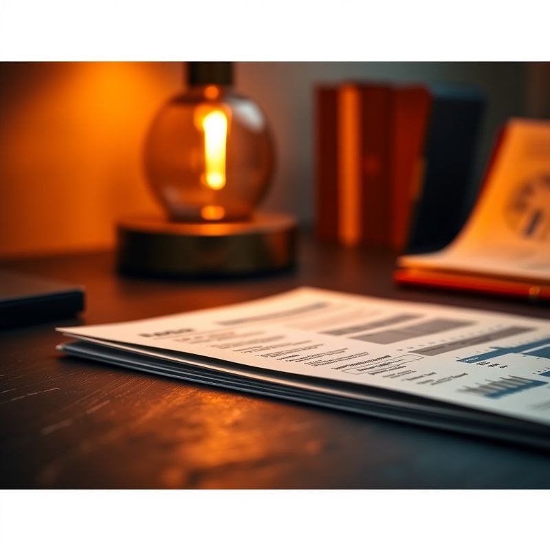 Document financiar structurat pe un birou întunecat, iluminat de o lampă cu lumină coral