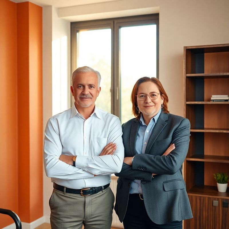 Doi profesioniști seniori într-un birou minimalist din Constanța, cu pereți ocru și mobilier de lemn închis
